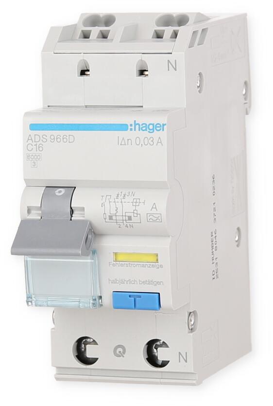 Hager ADS966D Fehlerstrom-Leitungsschutzschalter, FI/LS-Schalter, 1P+N 6kA C-16A 30mA Typ A