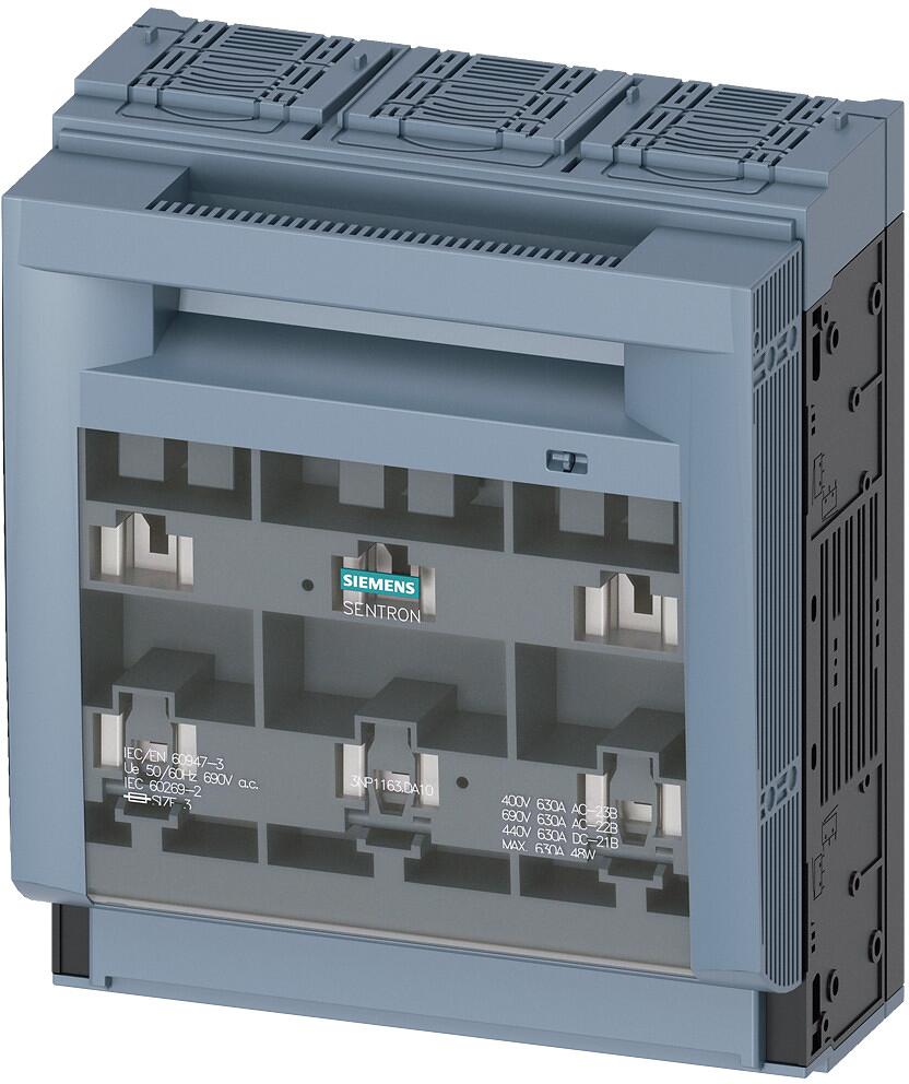 Siemens 3NP1163-1DA10 Sentron Sicherungslasttrennschalter 3NP1, 3-polig, NH3, 630 A, für Aufbau und Einbau auf Montageplatte, Flachanschluss, Abdeckeb