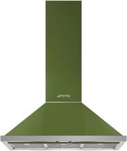 Smeg KPF9OG EEK: A+ Wandhaube Trapez, 90 cm breit, 781 m³/h, Bedienknebel, 3 Leistungsstufen + Intensiv, Edelstahl-Fettfilter geschirrspülergeeignet, olivgrün