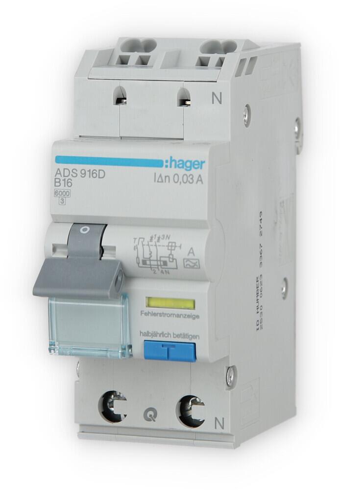 Hager ADS916D Fehlerstrom-Leitungsschutzschalter, FI/LS-Schalter, 1P+N 6kA B-16A 30mA Typ A