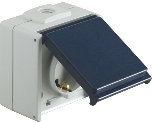 OPUS Aqua Schutzkontakt-Steckdose, 1-fach, ohne Berührungsschutz, 2 Leitungseinführungen, Aufputz, Feuchtraum, hellgrau/stahlblau (753.660.06)