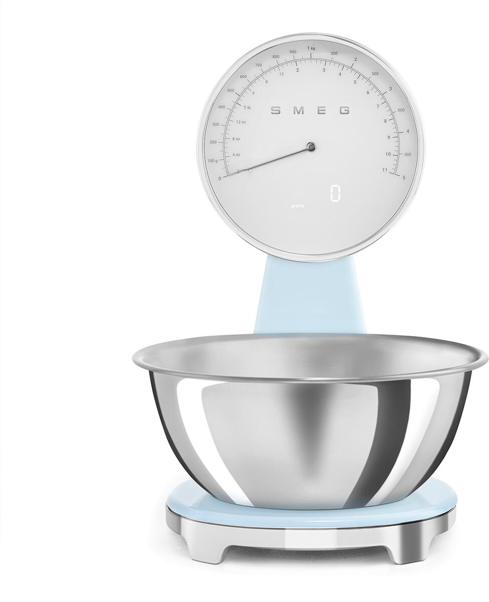Smeg KSF01PBWW 50"s Style Analoge & Digitale Portionswaage, Vollsichtskala mit LED-Display, max. Tragkraft 5,0 kg, Pastellblau