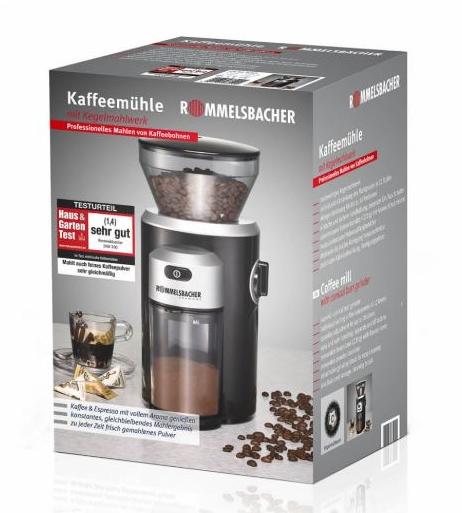 Rommelsbacher EKM300 Kaffeemühle, 150 g, Wagner Kegelmahlwerk, schwarz/silber 220 Watt, Elektroshop