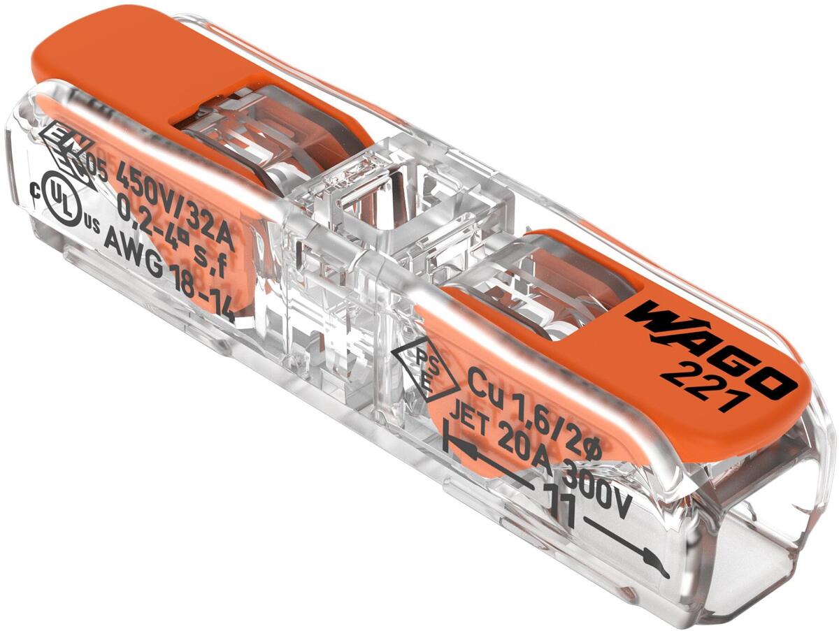 Wago 221-2411 Durchgangsverbinder mit Hebeln, für alle Leiterarten, max. 4 mm², 2 Leiter, Gehäusefarbe transparent, Deckelfarbe transparent, 4,00 mm²,