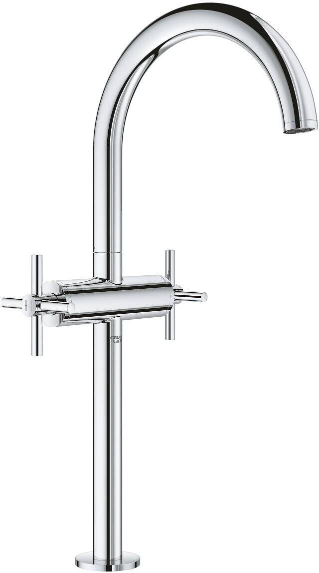 GROHE Atrio Waschtisch-Einlochbatterie, XL-Size, für freistehende Waschschüsseln, Push-open, Ablaufgarnitur 1 1/4"", mit Kreuzgriffen, EcoJoy, chrom (