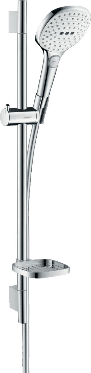 hansgrohe Raindance Select E Duschset 120 3 Strahlarten mit Duschstange 65 cm und Seifenschale, Messing, 14,4 l/min, 120 mm, Weiß/Chrom, (26620400)