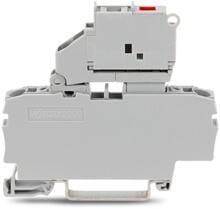 Wago 2002-1611/1000-541 2-Leiter-Sicherungsklemme, mit schwenkbarem Sicherungshalter, mit Abschlussplatte, für G-Sicherungseinsatz 5 x 20 mm, mit Defektanzeige durch LED, 12 - 30 V, für Tragschiene 35 x 15 und 35 x 7,5, Push-in CAGE CLAMP®, 2,50 mm², grau