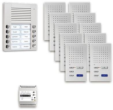 TCS PPAF10-EN/02 pre:pack Audio Aufputz für 10 Wohneinheiten, mit Außenstation PES 10 Klingeltasten + 10 x Freisprecher ISW3030 + Steuergerät BVS20