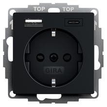 Gira 2459005 SCHUKO-Steckdose 16 A 250 V~ mit Shutter und USB-Spannungsversorgung 2fach Typ A / Typ C, Schwarz Matt