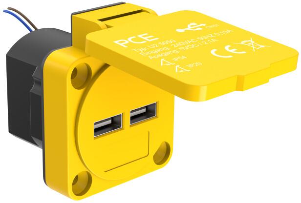 PCE Ladesteckdose USB Typ A, 2-fach, 2x5 V/ 2,1A, Aufputzmontage, gerade, gelb (U25050)