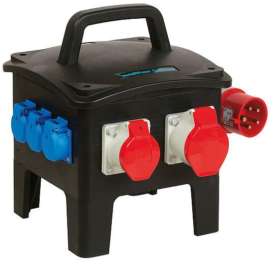 Walther Werke (6493025) Tragbare Vollgummi-Steckdosenkombination In: 32A mit einem RCD TypA, 4 MCBs,2 CEE-Abgänge 16-32A, 3 Schukos und Anschluss über