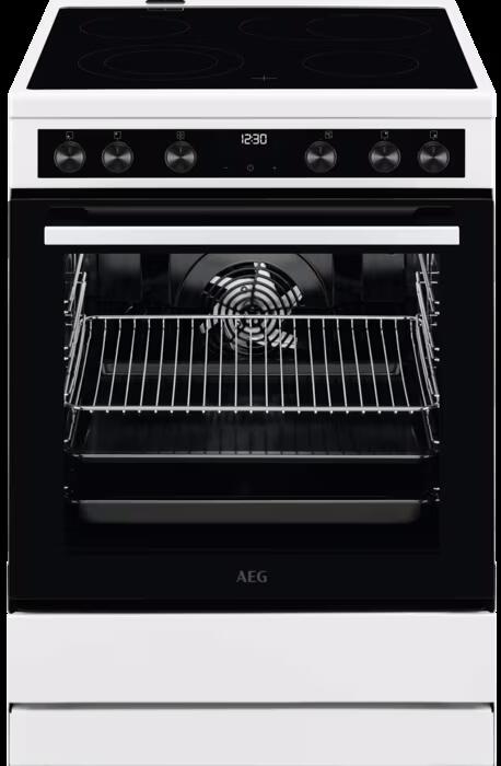 AEG CCB6446BBW EEK: A Standherd mit Glaskeramikkochfeld, 60 cm breit, 73 L, Versenkknebel, Geschirrwagen, 7 Beheizungsarten, Touchbedienung, weiß