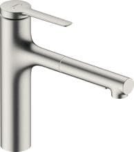 hansgrohe Zesis M33 Einhebel-Küchenarmatur 160, Metall Ausziehbrause, 2 Strahlarten, Messing, 220 mm, G ⅜ Anschlussschläuche, mit Rückflussverhinderer, Edelstahl Finish (74822800)