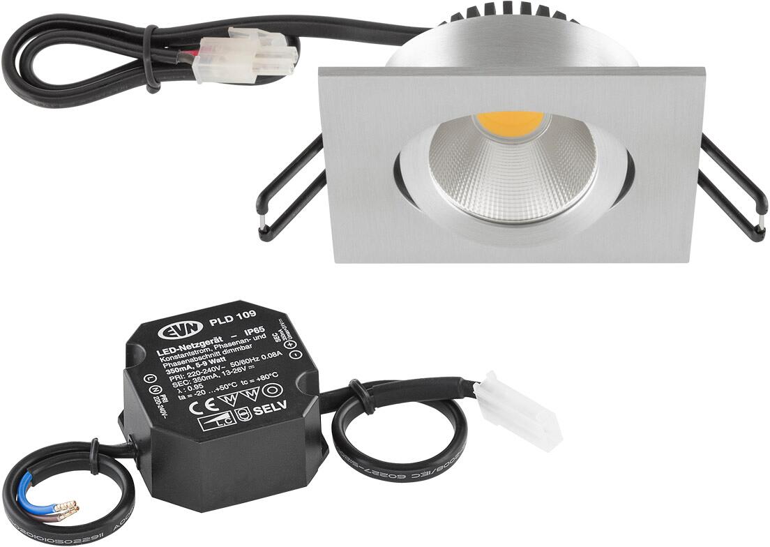 EVN PC20-Serie LED Deckeneinbau, quadratisch, schwenkbar, IP20, 220-240V, 8,4W, 3000K, 1010lm, inkl. Netzgerät, alu poliert STL (PC24N91402)
