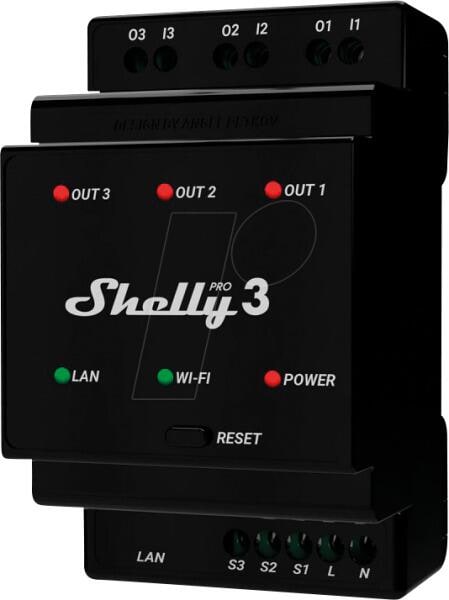 Shelly Pro 3 Relaisschalter, WLAN, Bluetooth, LAN, 3-Kanal, 3x 16A, max. 48A, Hutschiene (Shelly_Pro3)