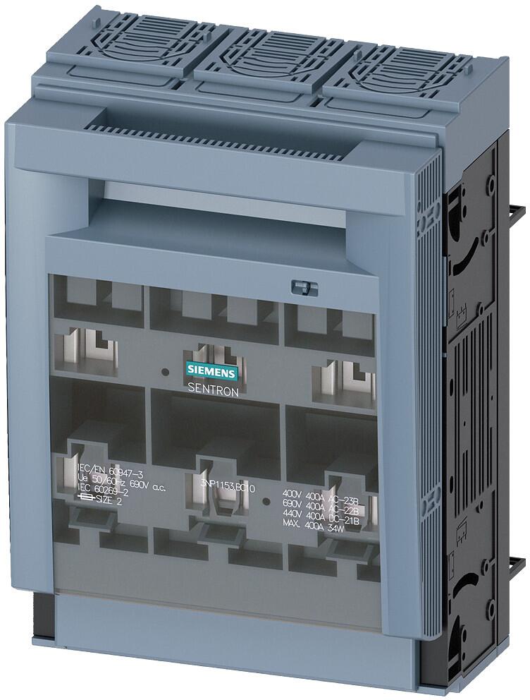 Siemens 3NP1153-1BC10 Sentron Sicherungslasttrennschalter 3NP1, 3-polig, NH2, 400 A, für Sammelschienensystem 8US 60mm, Flachanschluss, Abdeckebene 32