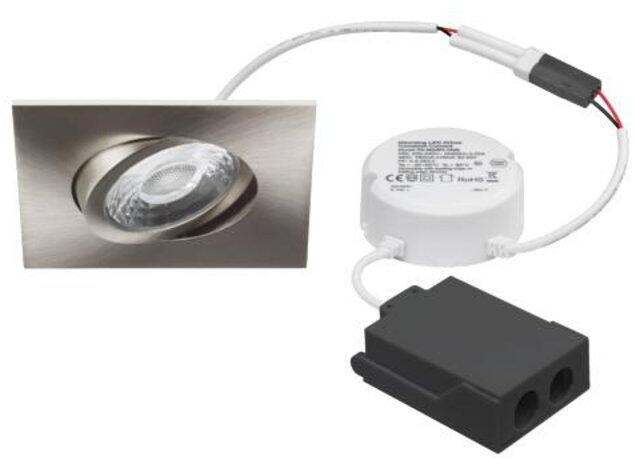 Brumberg ABACO-S LED-Einbaustrahler, 230VAC, 50Hz, 8W, 36°, dim2warm, 3000K-1800K, quadratisch, schwenkbar, IP44, Phasenabschnitt dimmbar, nickel (394