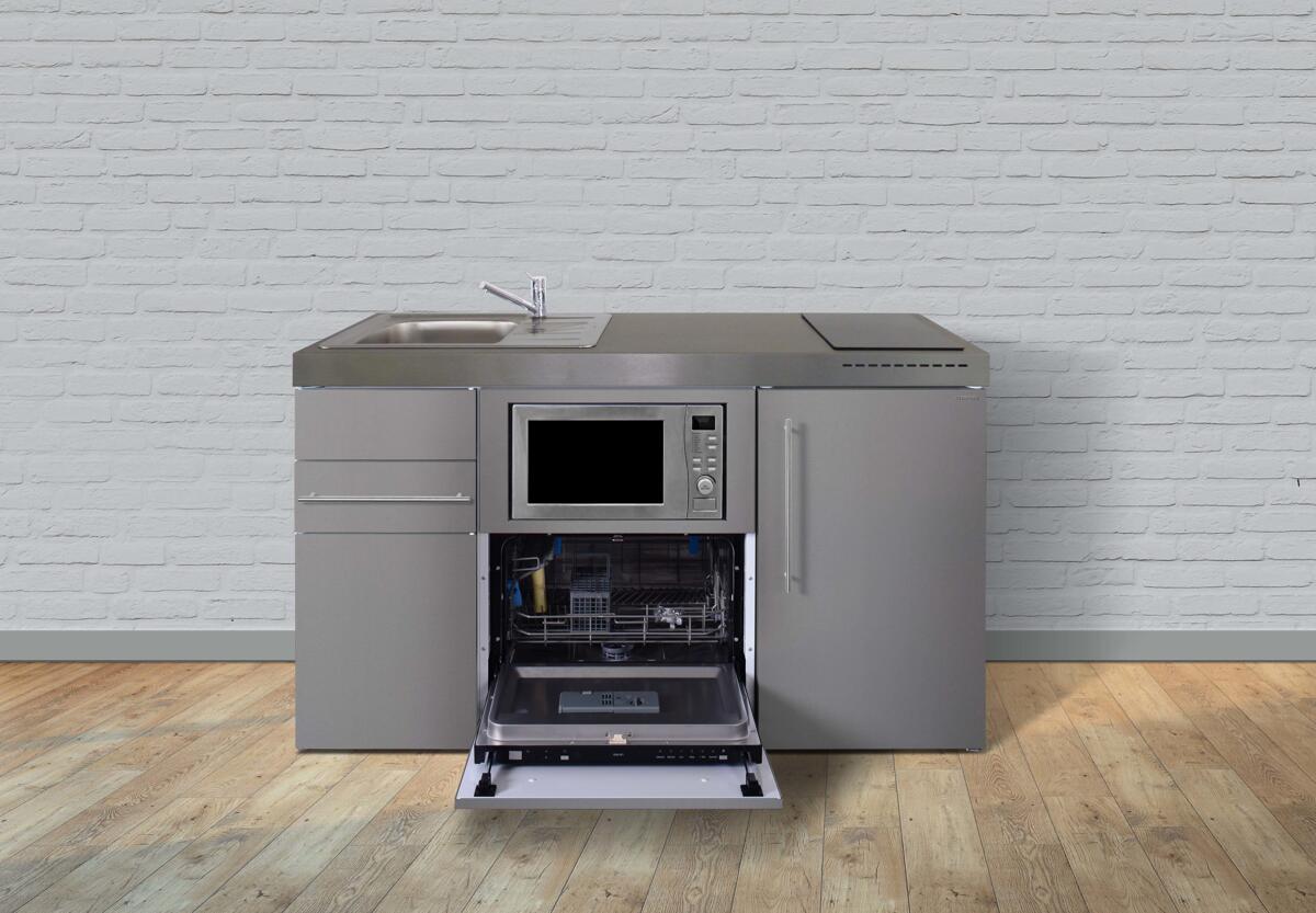 Stengel MPGSM 150 Miniküche, 150cm breit, Glaskeramikkochfeld, Kühlschrank mit Gefrierfach, Geschirrspüler 6 Maßgedecke, mit Mikrowelle, Becken rechts