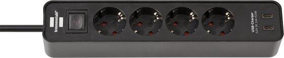 Brennenstuhl Ecolor Steckdosenleiste 4-fach mit 2 USB-Ladebuchsen (Mehrfachsteckdose USB C mit Schalter und 1,5m Kabel), schwarz (1153240106)