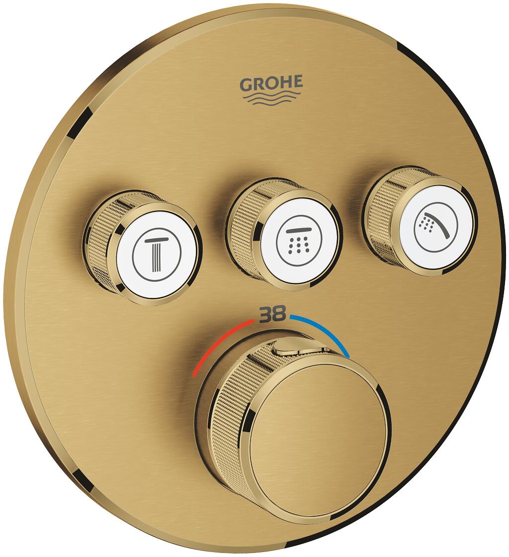 GROHE Grohtherm SmartControl Thermostat, mit 3 Absperrventilen, Fertigmontageset für Rapido SmartBox, Wandrosette rund, cool sunrise gebürstet (29121G