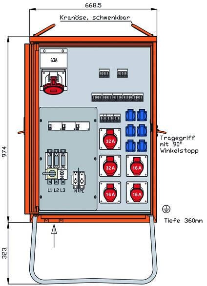 Walther Werke WV0430R1 Verteilerschrank 69kVA mit 2 RCDs Typ B und RCD Typ A, 13 LS, 6 CEE-Abgänge 16-63A und 6 Schukos