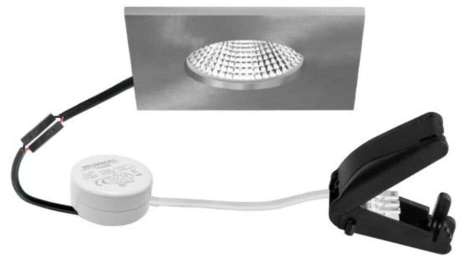 Brumberg BB21 LED-Einbaustrahlerset mit LED-Modul, Rundkonverter Phasenabschnitt dimmbar und Anschlussbox, IP65, 7W, 3000K, quadratisch, starr, nickel