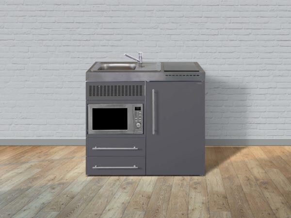 Stengel MPM 100 Miniküche, 100cm breit, Glaskeramikkochfeld, Kühlschrank mit Gefrierfach, mit Mikrowelle, Spüle links, edelstahl (10100 010641 01)