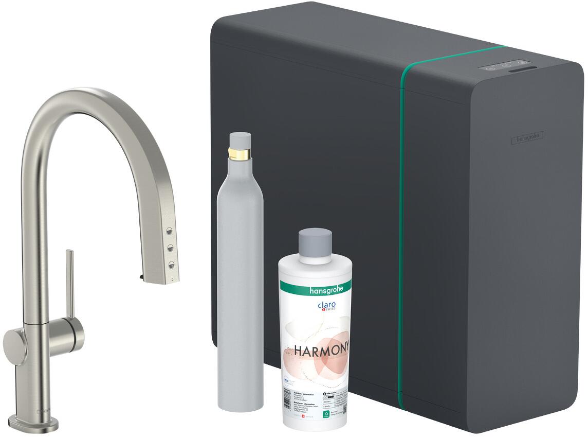 hansgrohe Aqittura M91 SodaSystem 210, Ausziehauslauf, 1 Strahlart, Schlauchbox lite, Starter Set, Messing, 240 mm, G ⅜ Anschlussschläuche, mit Rückfl
