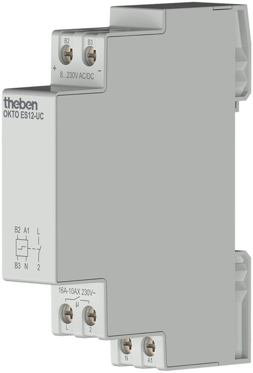 Theben OKTO ES12-UC Stromstoßschalter elektronisch, 1 Kanal, LED 600W, potenzialfreier Multispannungseingang (8 V bis 230 V), hohe Glimmlampenlast (bi