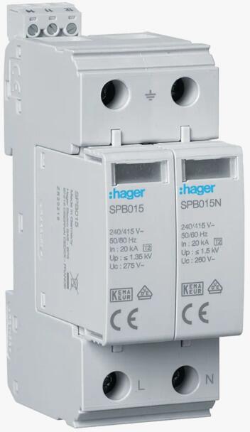 Hager SPB215 Überspannungsableiter, T2, 2-polig, 40kA, TT/TNS, Defektanzeige + Kontakt