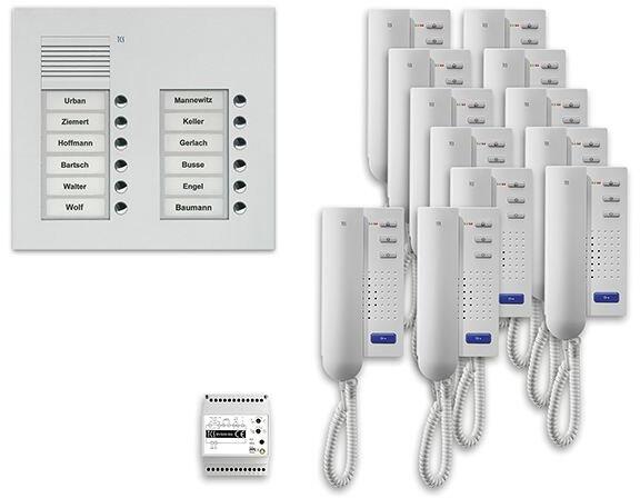 TCS PPU12/2-EN/02 pre:pack Audio Unterputz für 12 Wohneinheiten, mit Außenstation PUK, 12 Klingeltasten, 2-spaltig + 12 x Türtelefon ISH3030 + Steuerg