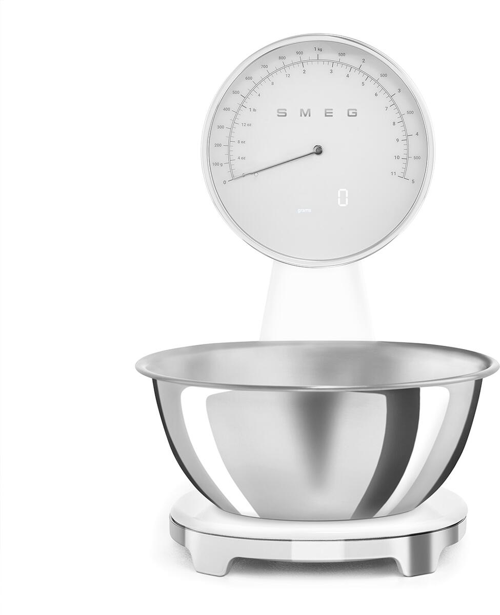 Smeg KSF01WHWW 50"s Style Analoge & Digitale Portionswaage, Vollsichtskala mit LED-Display, max. Tragkraft 5,0 kg, weiß