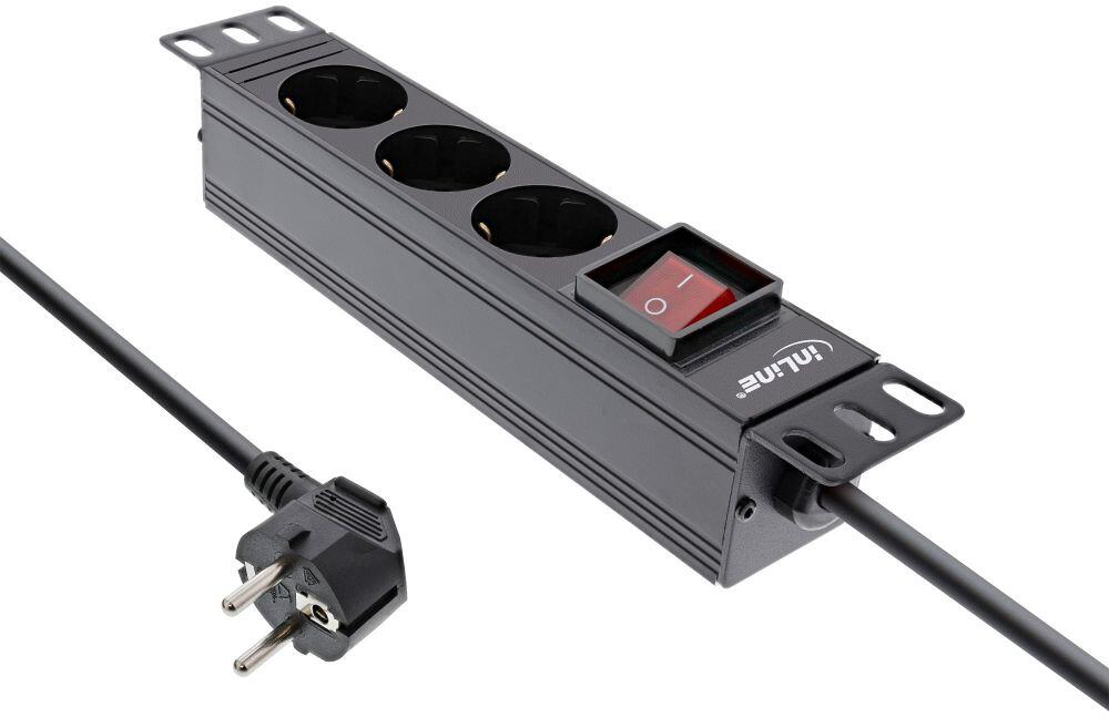 InLine 10" Steckdosenleiste, 3-fach Schutzkontakt, mit Schalter, 2m, schwarz (16420K)