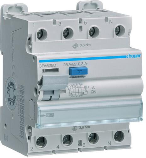 Hager CFA625D Fehlerstromschutzschalter, FI-Schalter 4 polig 10kA 25A 300mA Typ A