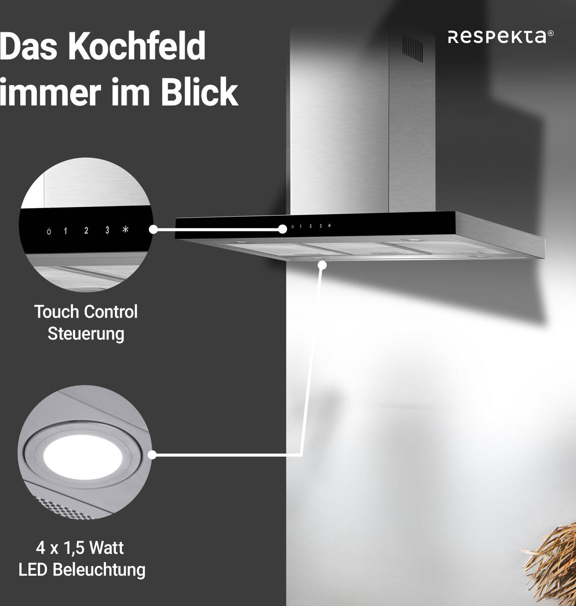 Cappa Aspirante A Isola Respekta 90 Cm Nero Matt - Touch Control, Classe A+, Per Cucine Moderne