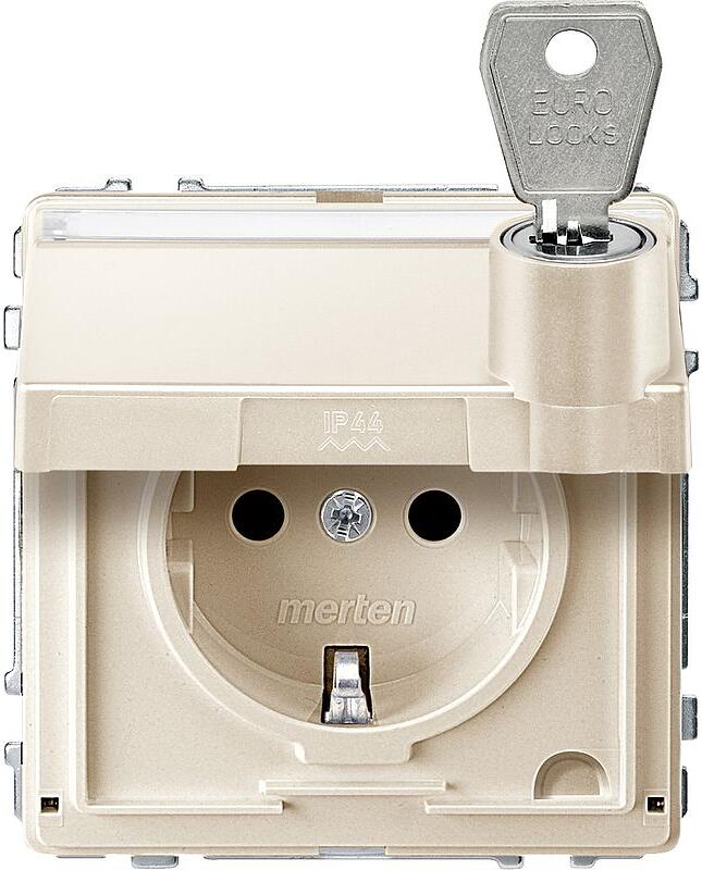 Merten MEG2316-7244 SCHUKO Steckdose mit Klappdeckel und Schriftfeld, abschließbar mit verschiedenen Schließungen, Aquadesign, Berührungsschutz, weiß