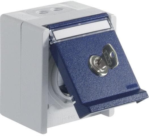 OPUS RESIST Schutzkontakt-Steckdose 1-fach mit Schloss Schließung "1", abschließbar, Aufputz, hellgrau/stahlblau (755.631.06-1)