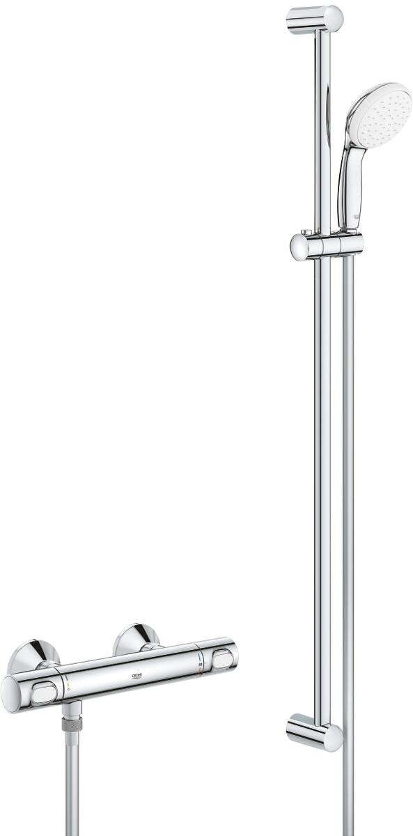 GROHE Grohtherm Thermostat-Brausebatterie, Wandmontage, mit Tempesta Brausegarnitur 900mm, EcoJoy, EcoButton, chrom (34797000)