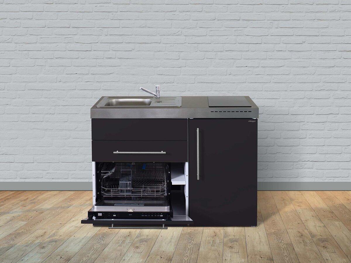Stengel MPGS 120 Miniküche, 120cm breit, Glaskeramikkochfeld, Kühlschrank mit Gefrierfach, Geschirrspüler 6 Maßgedecke, Becken rechts, schwarz matt (1
