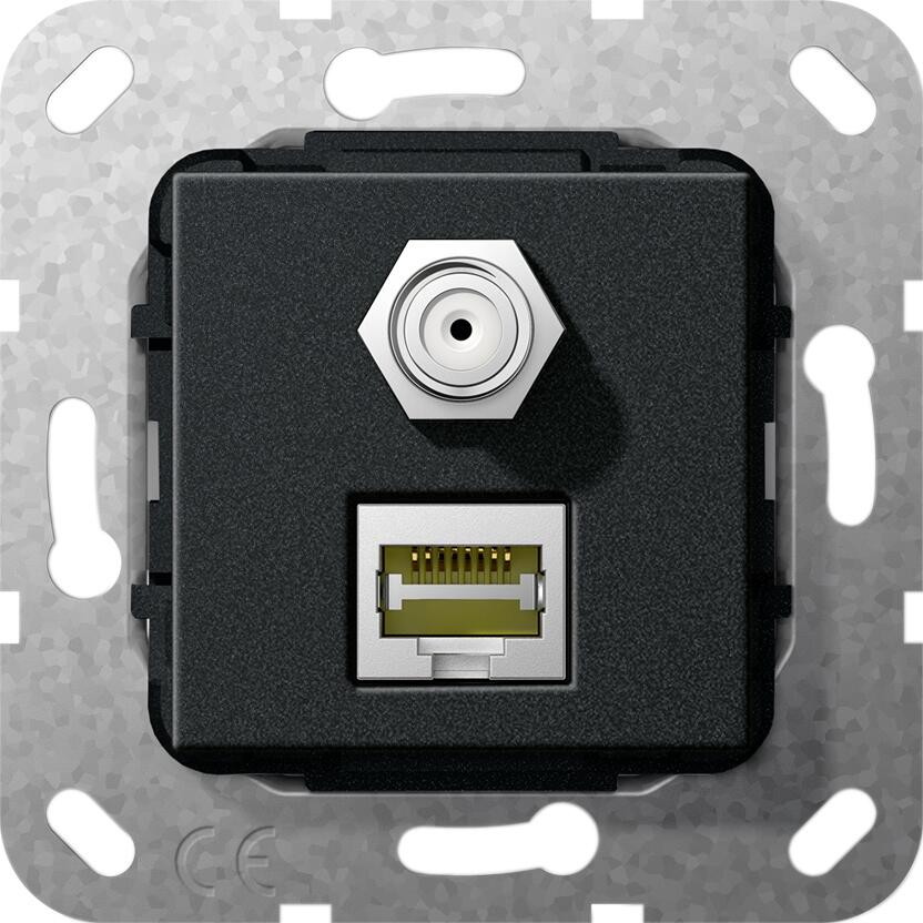 Einsatz Modular Jack RJ45 Cat. 6A Ethernet und SAT-F Buchse schwarz Gira 569710